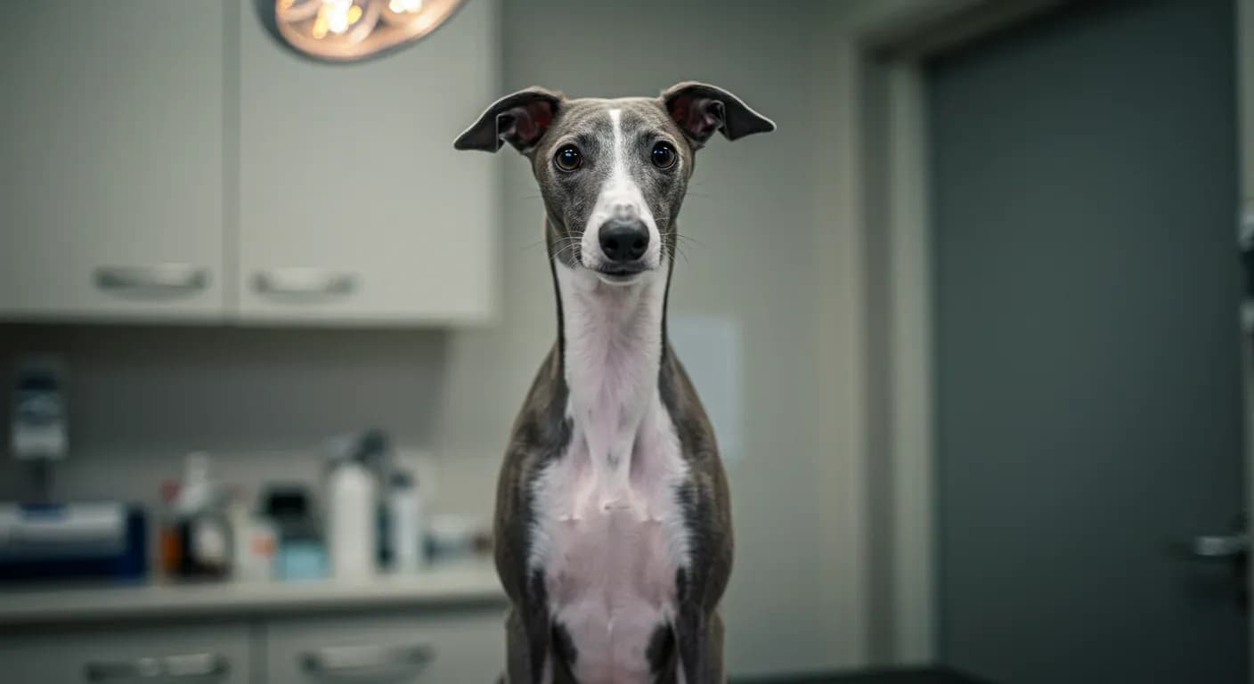 A healthy Whippet dog sitting on a veterinary examination table, representing the importance of regular health monitoring for this breed prone to specific health conditions