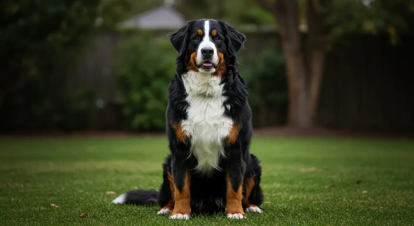 Portrait of a healthy Bernese Mountain Dog with tri-color coat sitting in an Australian backyard, representing the breed discussed in the health article