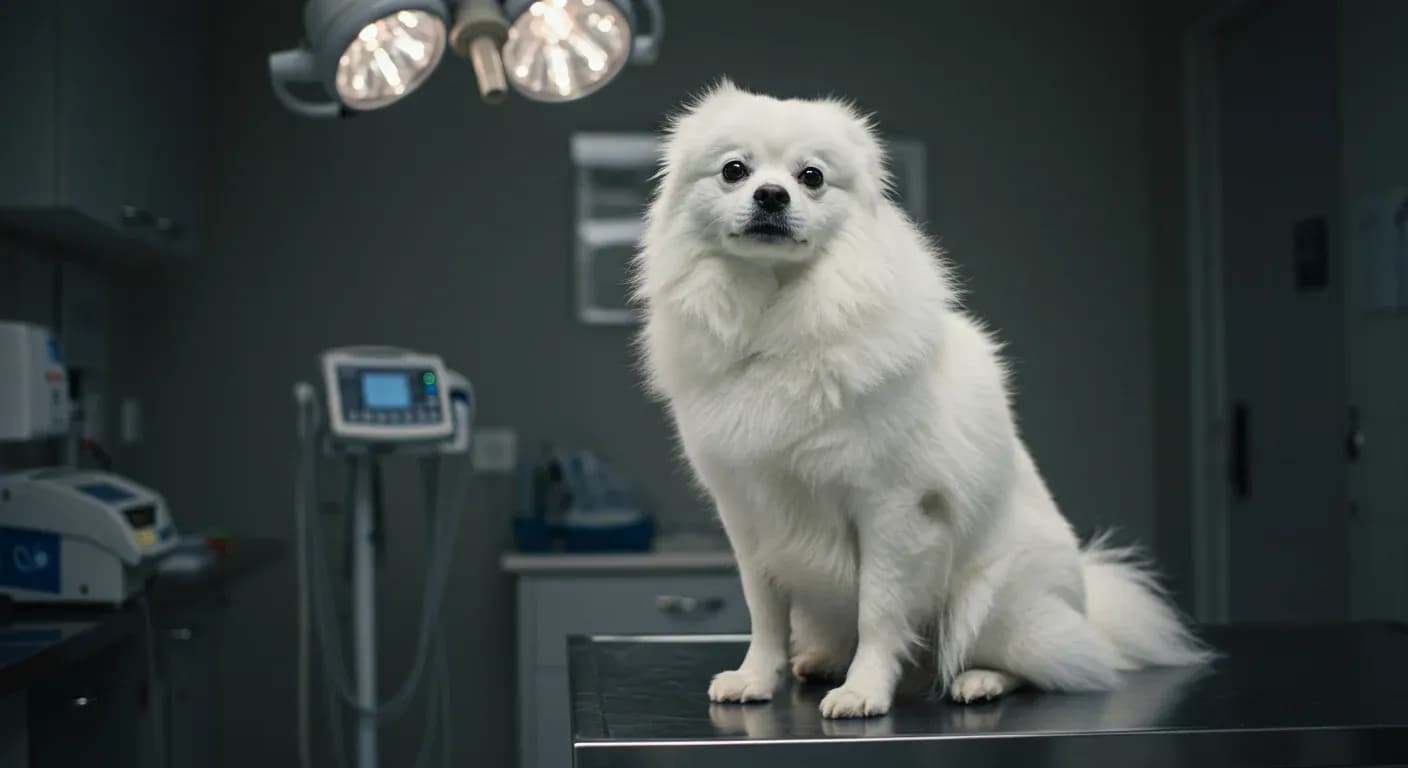 A beautiful white Japanese Spitz dog sitting on a veterinary examination table, representing the article's focus on health care and prevention for this breed