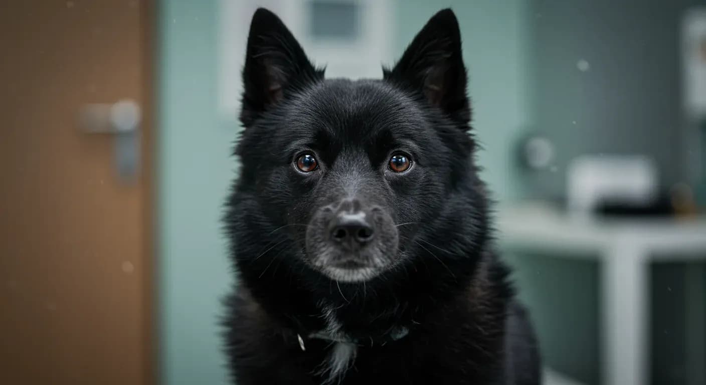 A healthy black Schipperke dog centered in frame at a veterinary clinic, representing the breed's generally good health and the importance of preventive care