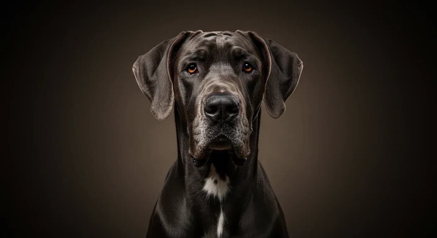Professional portrait of a Great Dane centered in frame, showcasing the breed's gentle expression and healthy appearance, relevant to skin health care