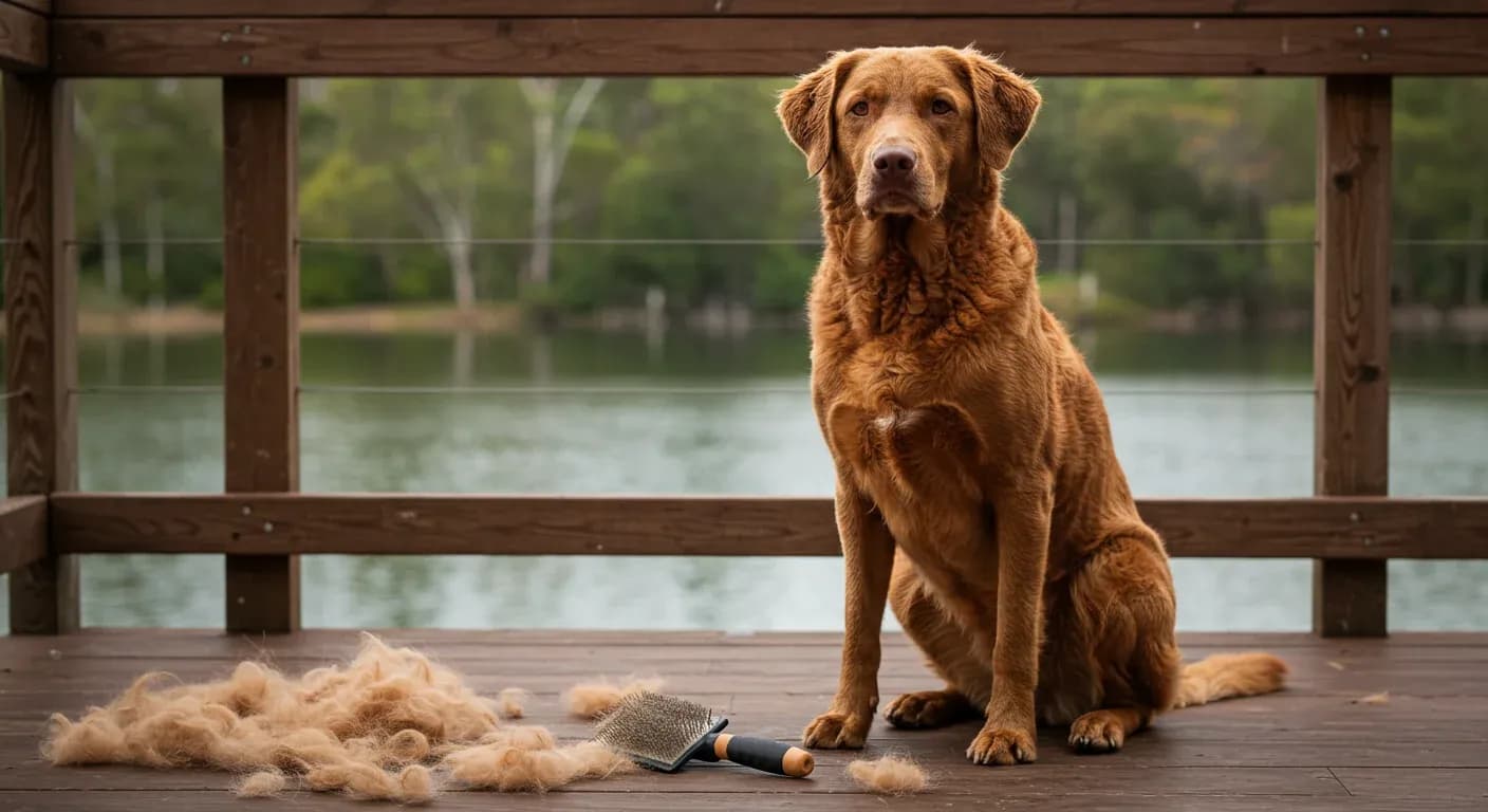 A Chesapeake Bay Retriever sitting on a deck with visible shed fur around it and grooming tools nearby, illustrating the article's focus on managing shedding in this breed