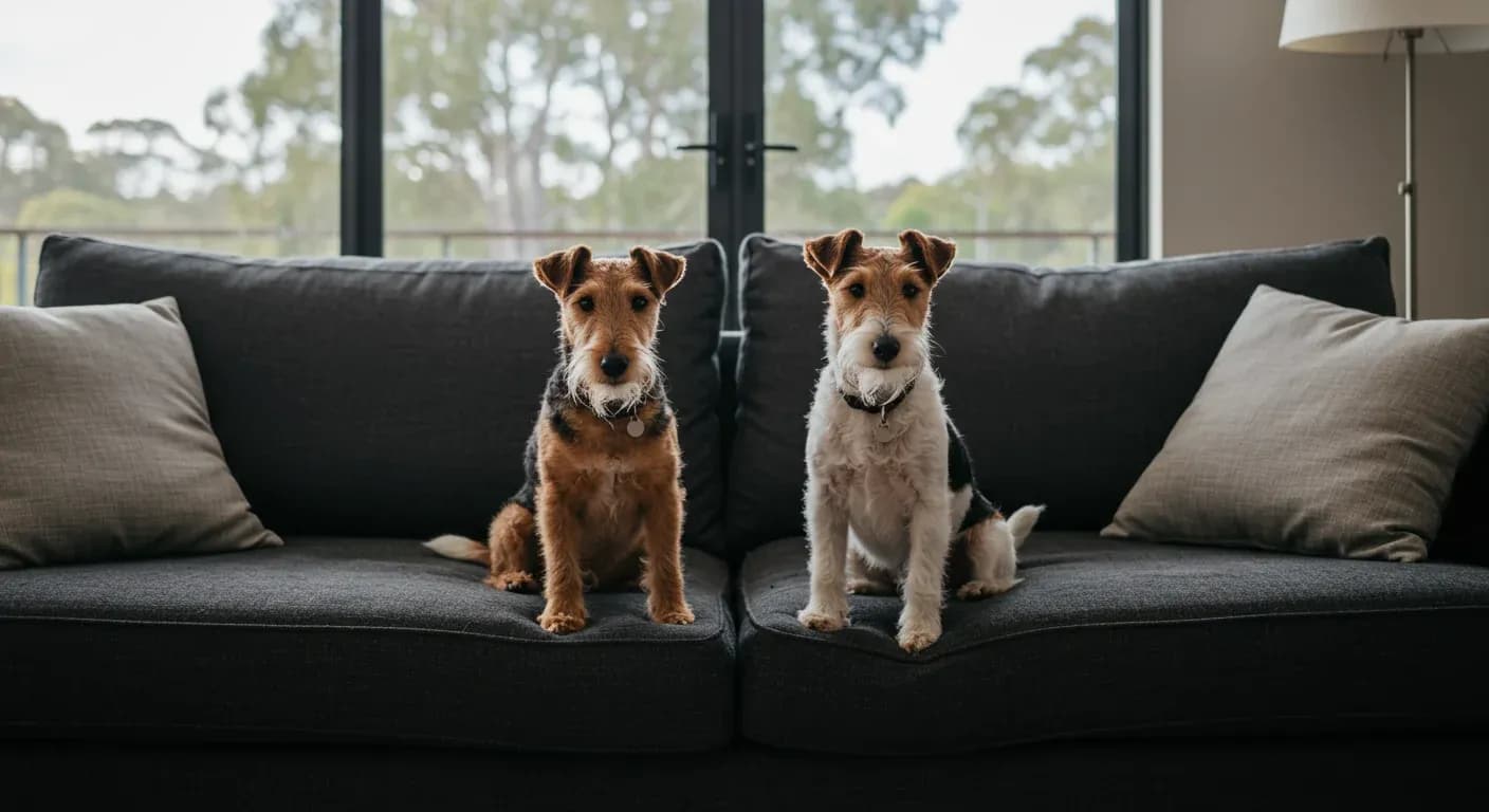 Two Fox Terriers with different coat types sitting on a sofa with visible shed hair, demonstrating the shedding challenges discussed in the article