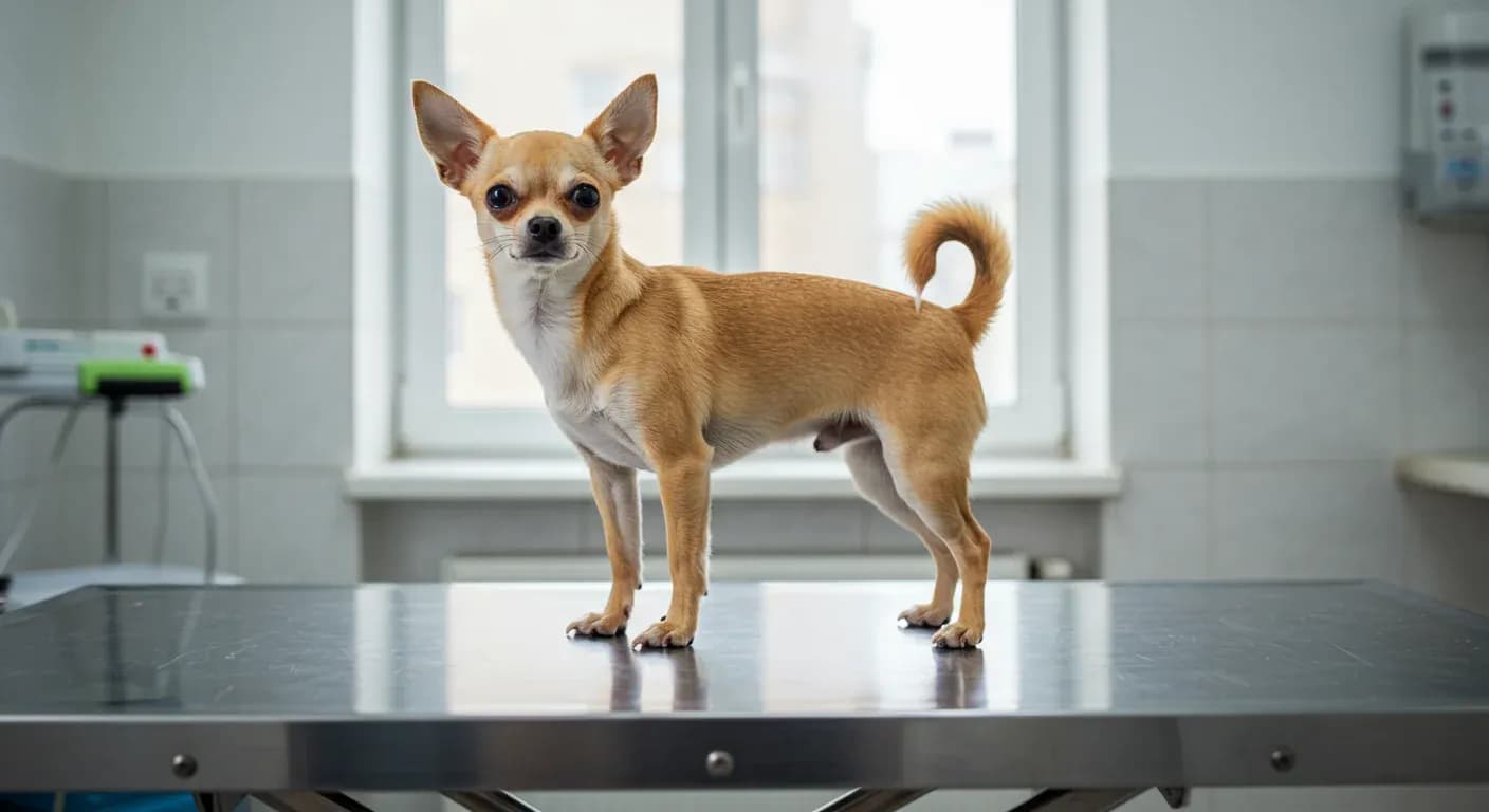 A Chihuahua demonstrating the characteristic leg-lifting posture associated with patellar luxation, positioned on a veterinary examination table to illustrate the condition discussed in the article