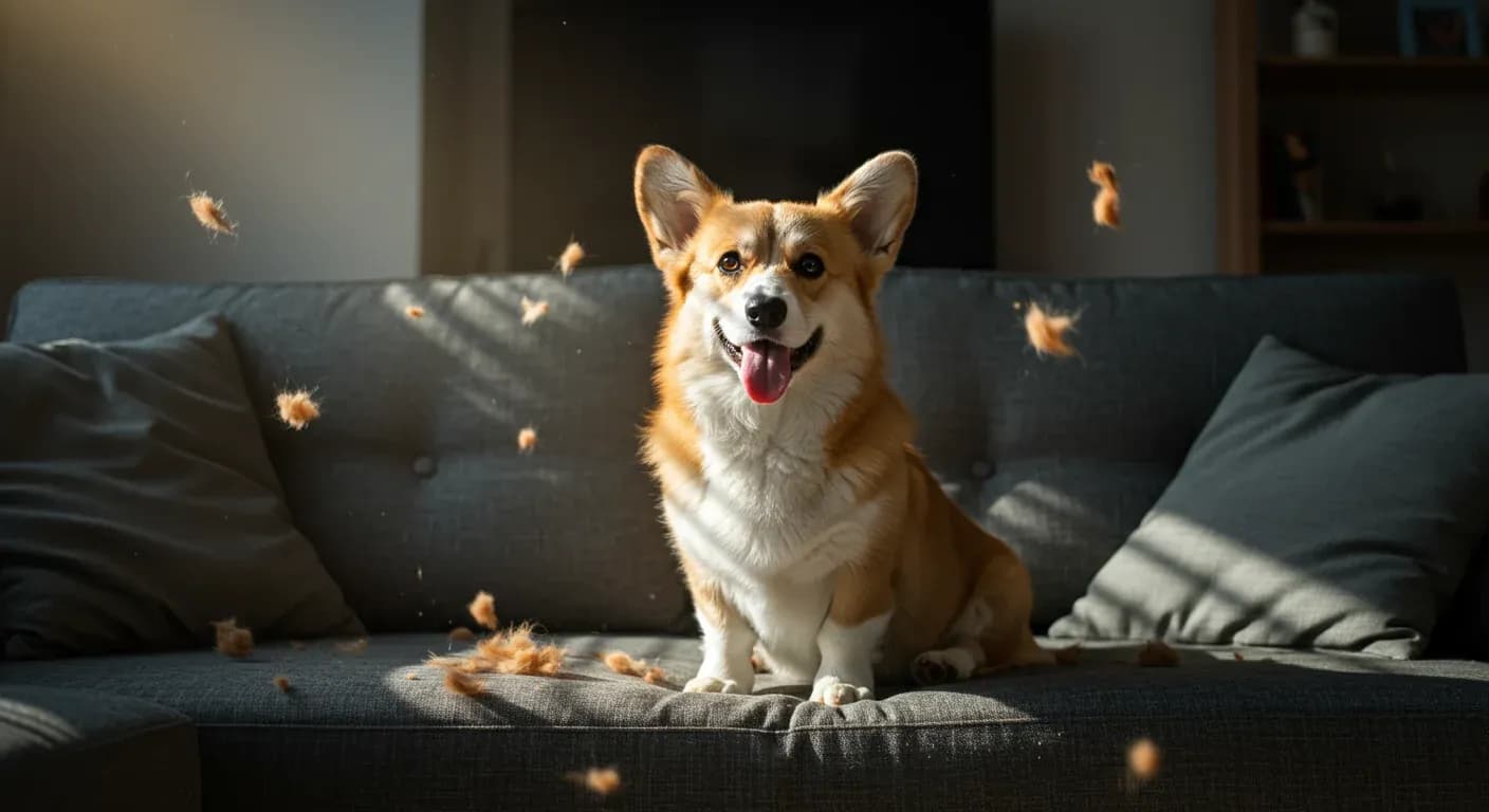A Pembroke Welsh Corgi sitting on a sofa with visible shed fur around it, illustrating the article's focus on managing corgi shedding in the home