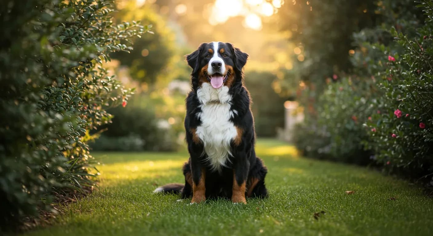 A beautiful Bernese Mountain Dog sitting peacefully in a garden, representing the precious but limited time owners have with these gentle giants who have shorter lifespans than most dog breeds
