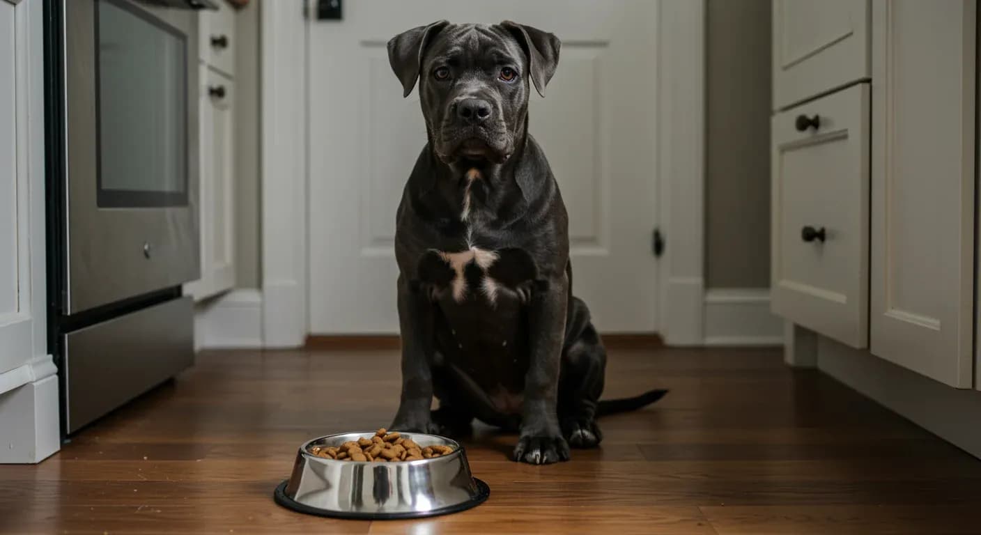A young Cane Corso puppy sitting next to a food bowl filled with puppy kibble, demonstrating proper nutrition for large breed puppies