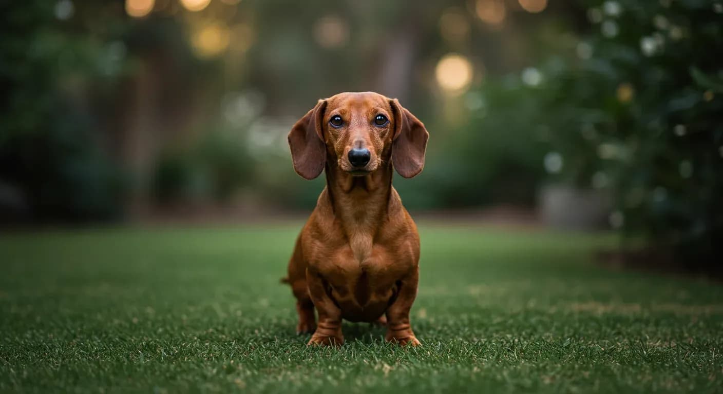 Professional portrait of a red Dachshund centered in frame, showcasing the breed's distinctive long body shape that makes them prone to skin problems discussed in the article