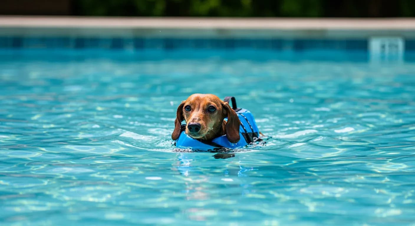 A Dachshund wearing a life jacket swimming in a pool, demonstrating safe swimming practices for the breed