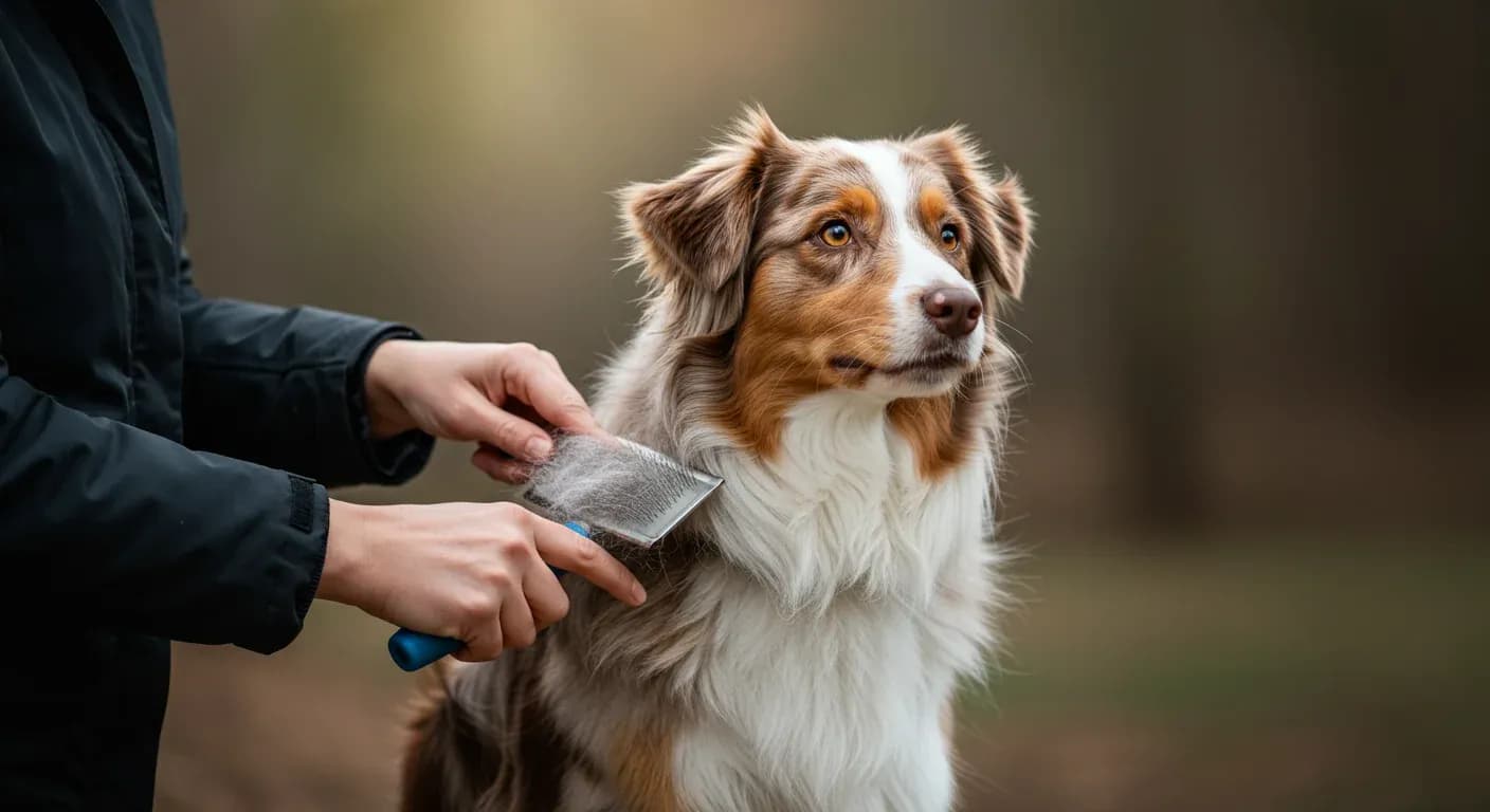 Australian Shepherd being brushed with loose fur coming off the brush, demonstrating the shedding management techniques discussed in the article