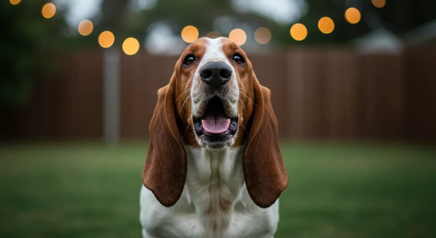 A Basset Hound captured mid-bark in a centered portrait, demonstrating the vocal behavior discussed in the article about understanding and managing Basset Hound barking