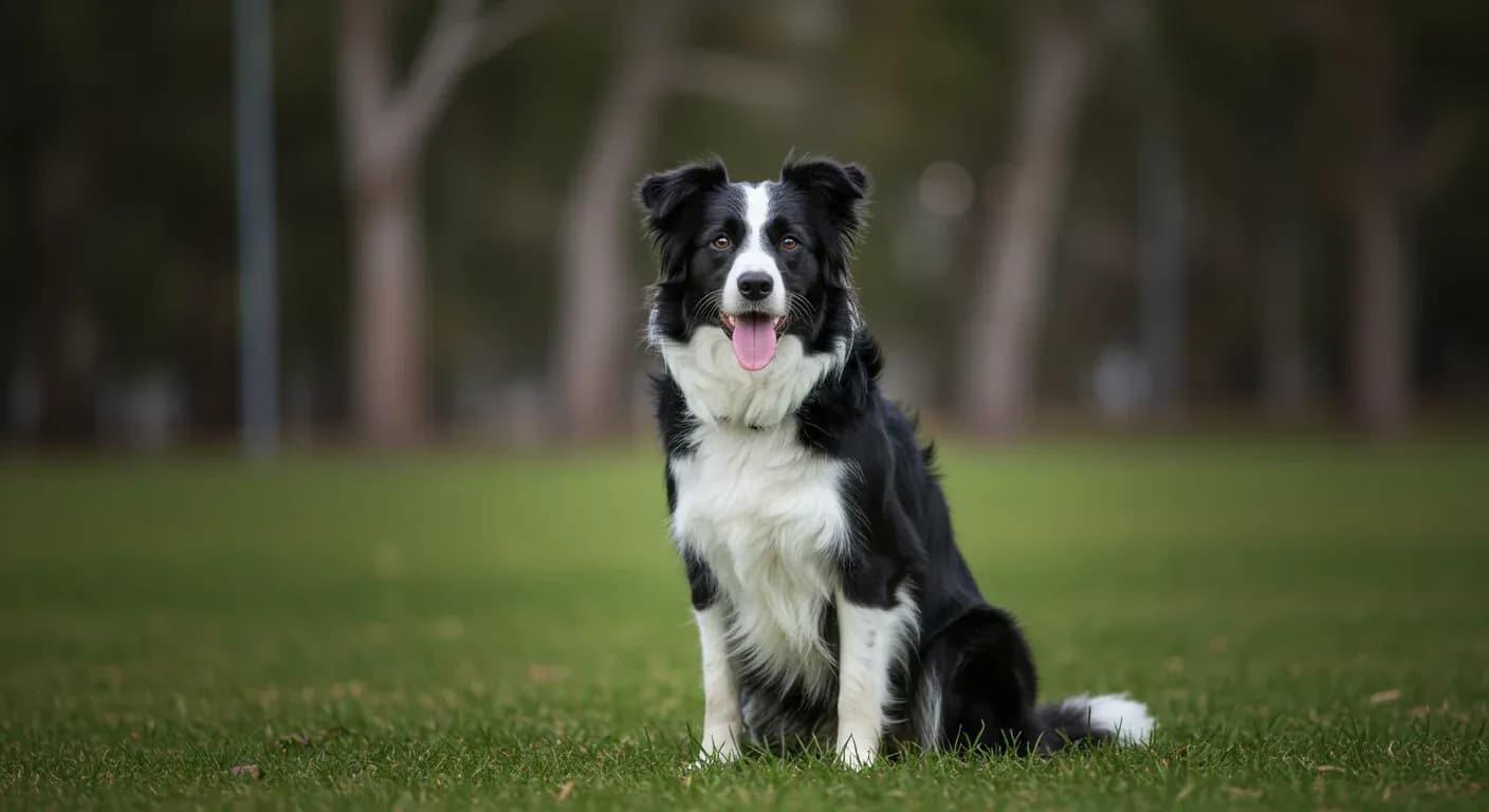 A Border Collie sitting centered in frame on grass, representing the breed discussed in the hip dysplasia management article