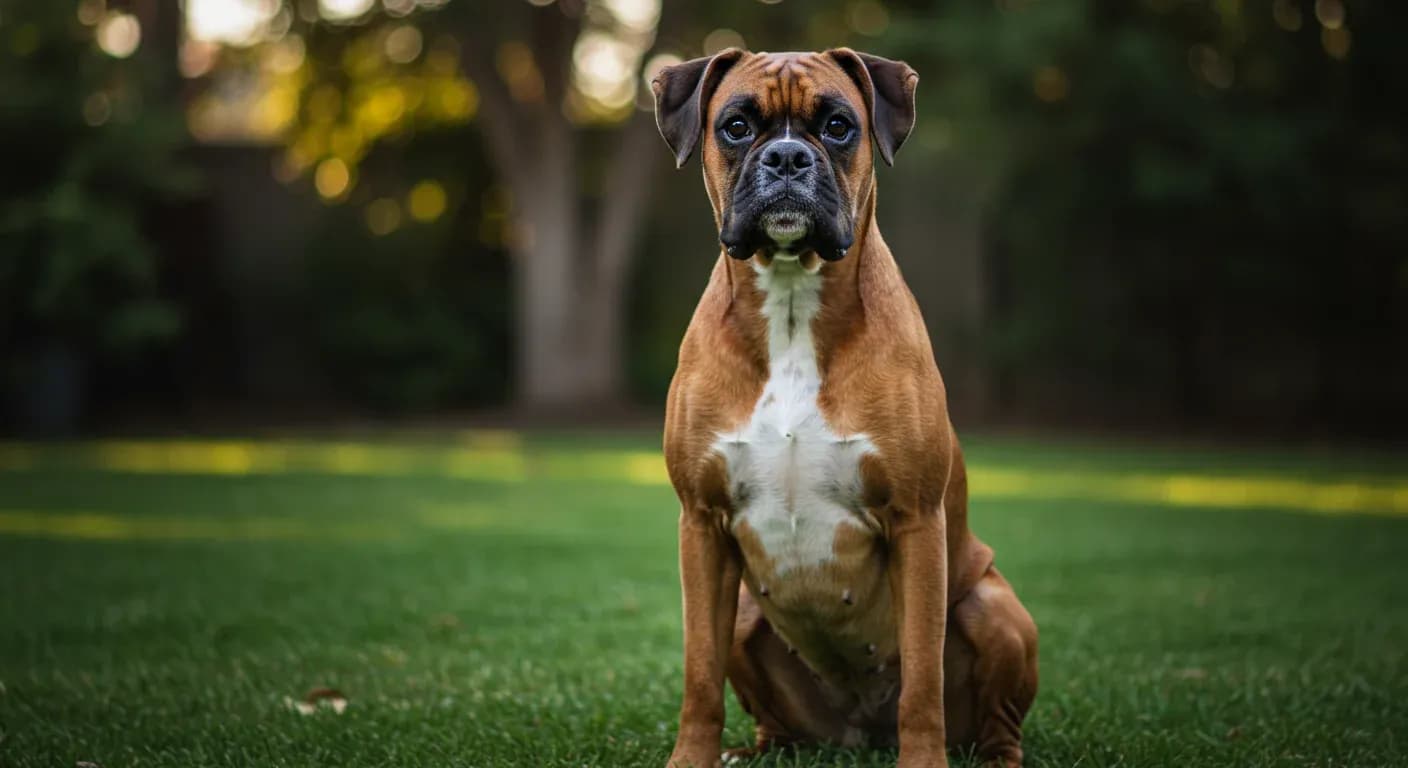 A healthy fawn Boxer dog with a shiny coat sitting centered in a grassy Australian backyard, demonstrating good skin and coat health as discussed in the article about preventing and treating Boxer skin issues