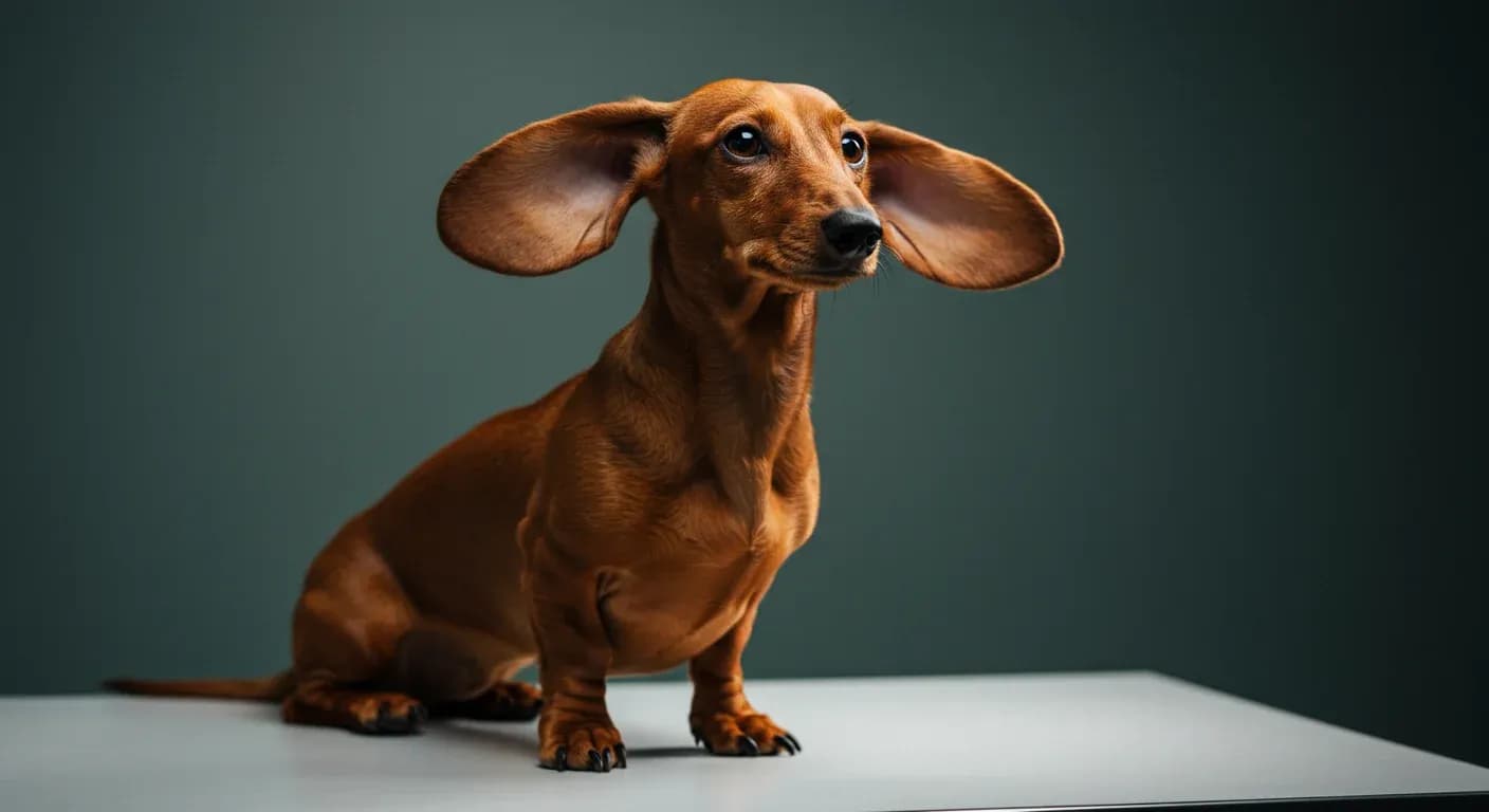 A red Dachshund with long floppy ears sitting centered on a veterinary table, illustrating the breed's ear anatomy that makes them prone to infections