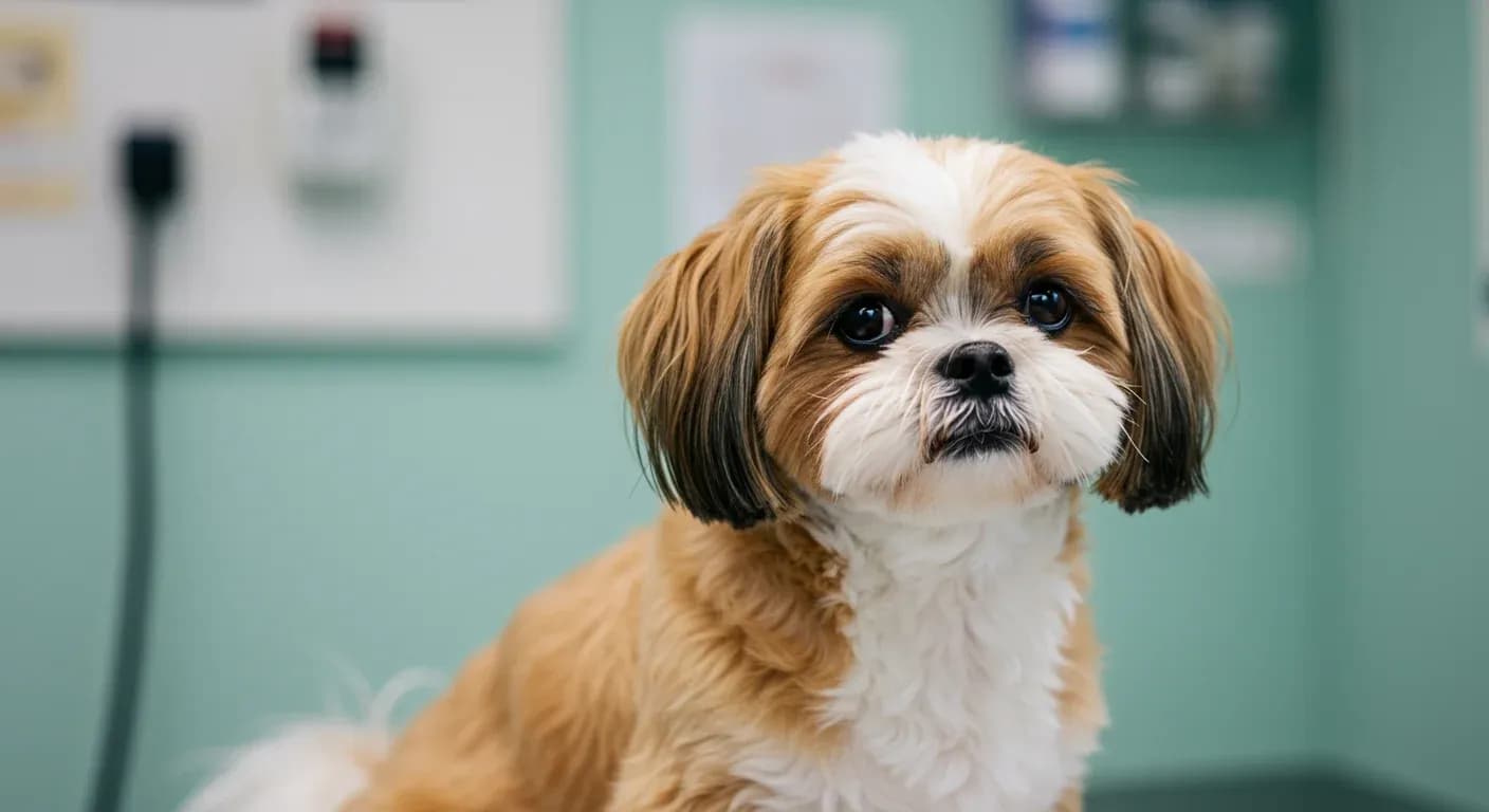 A Shih Tzu dog with prominent floppy ears sitting centered in a veterinary clinic, illustrating the breed discussed in the ear infection article