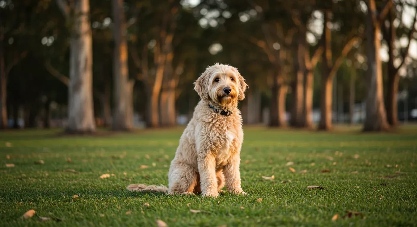 A cream-colored Goldendoodle sitting centered on grass in an Australian park, representing the breed's intelligence and resilience in managing health conditions like hip dysplasia