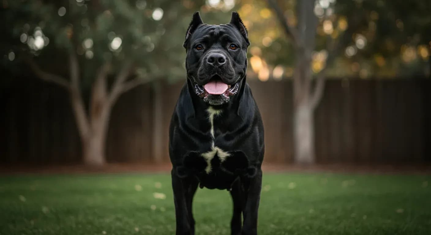 A majestic black Cane Corso with a healthy, shiny coat standing centered in an Australian backyard, representing the breed's natural beauty and the importance of proper skin and coat care