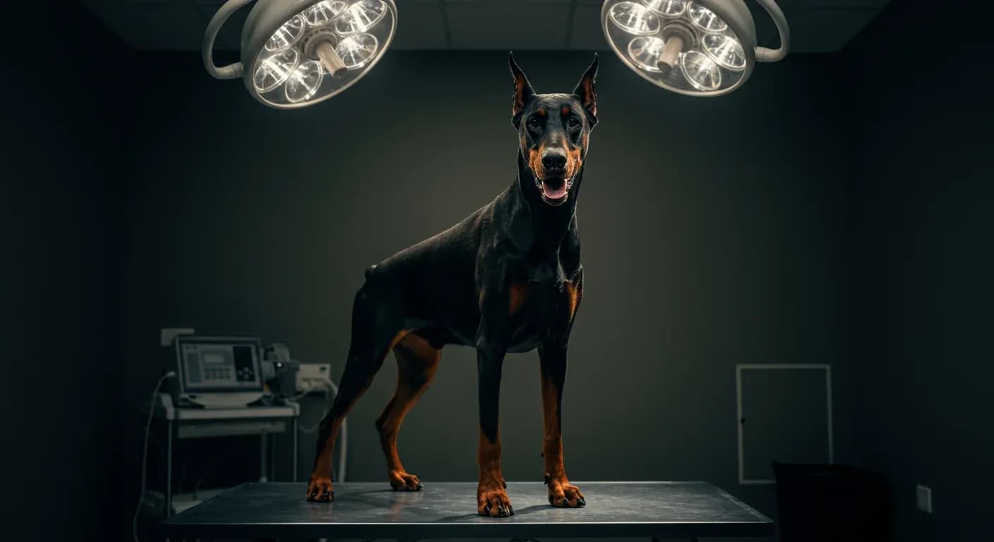 Professional portrait of a healthy Doberman Pinscher on a veterinary examination table, representing the importance of regular health monitoring and preventive care for the breed