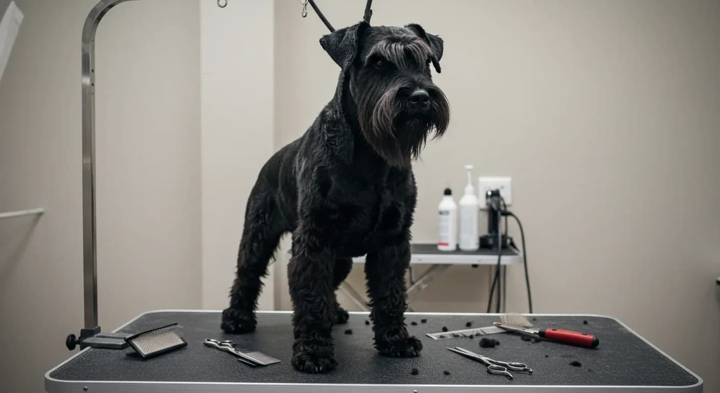 A Giant Schnauzer centered on a grooming table surrounded by professional grooming tools, showcasing the breed's distinctive coat and facial features that require specialized grooming techniques