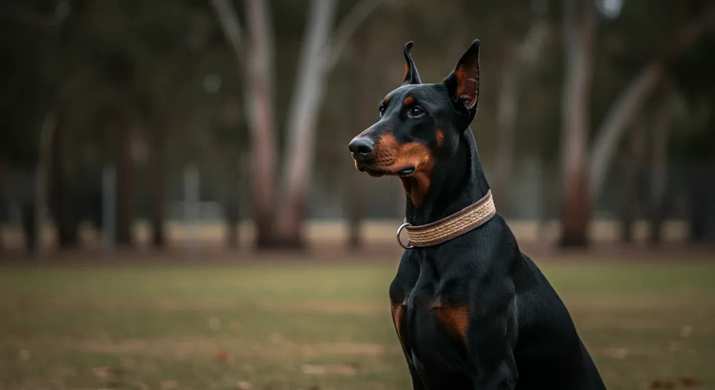 Alert black and tan Doberman sitting attentively in training position, demonstrating the breed's intelligence and focus essential for effective training