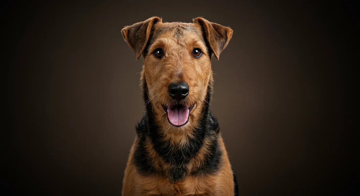 Professional portrait of a well-groomed Airedale Terrier showcasing the breed's distinctive wiry coat and alert expression, representing proper grooming care