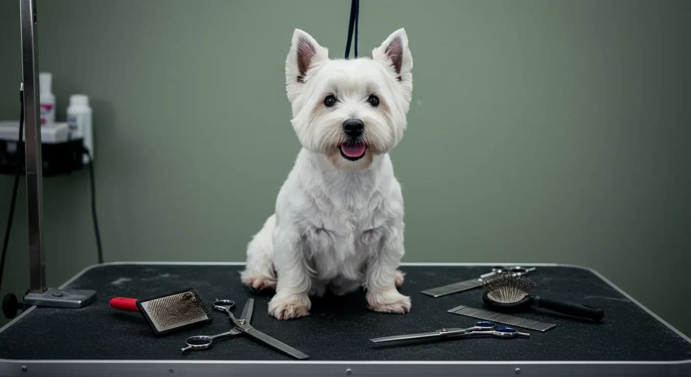 A beautifully groomed West Highland White Terrier sitting centered on a grooming table surrounded by professional grooming tools, showcasing the breed's distinctive white coat and the importance of proper grooming care
