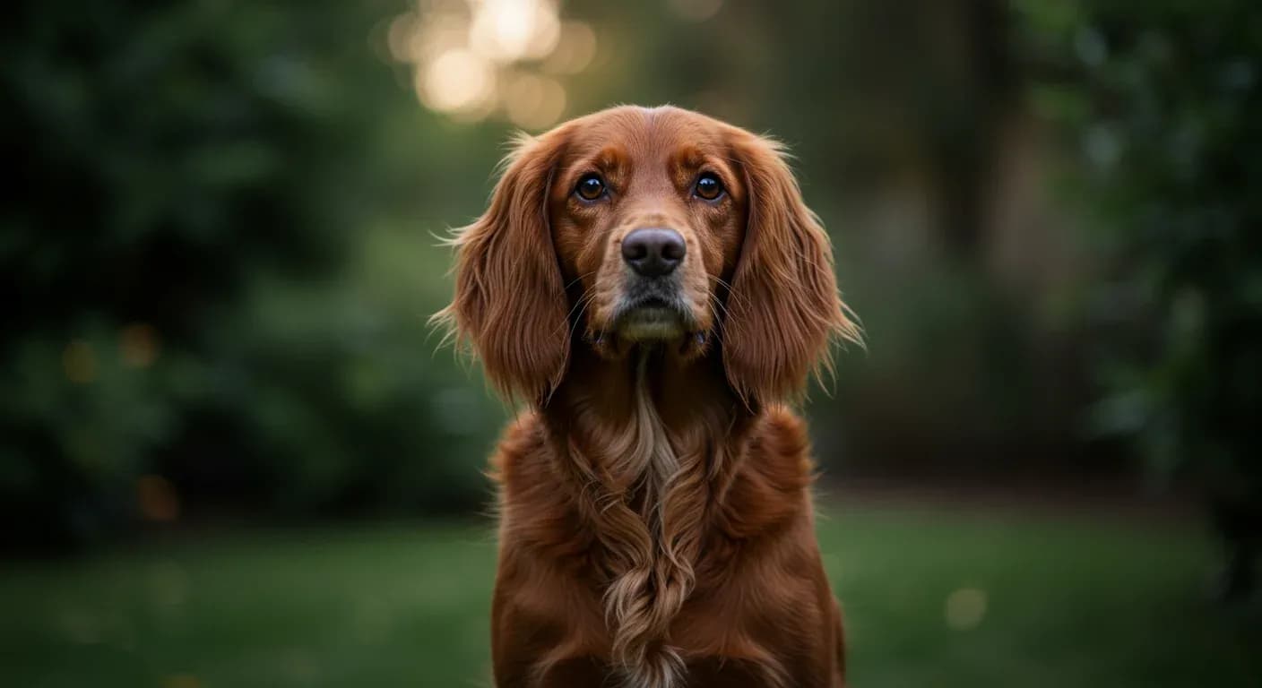 A calm Field Spaniel sitting peacefully in a garden, demonstrating the breed's gentle and docile temperament discussed in the article