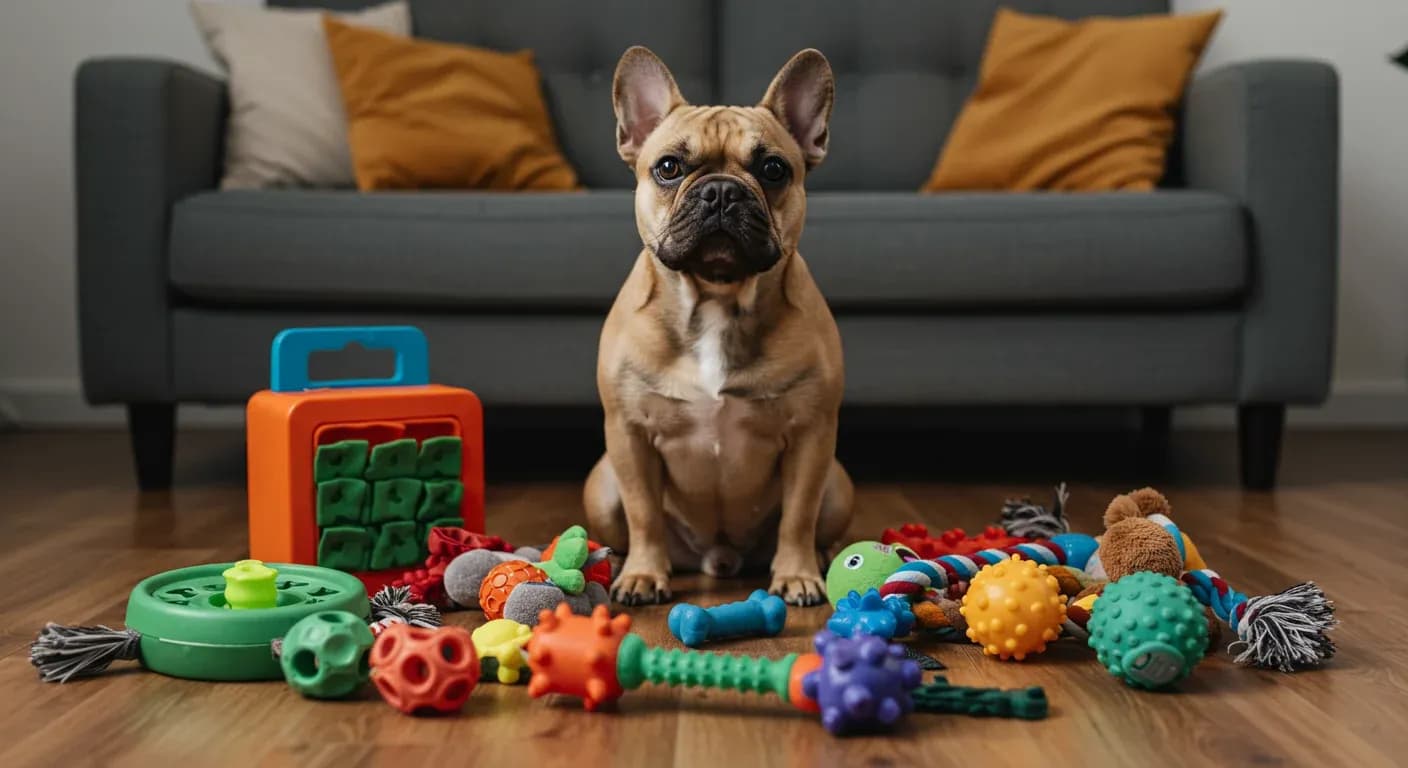 A fawn French Bulldog sits centered among various dog toys including puzzle feeders and chew toys, illustrating the article's focus on selecting appropriate playtime toys for French Bulldogs