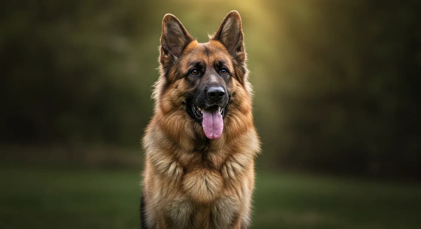 Professional portrait of a German Shepherd dog with thick double coat, demonstrating the beautiful coat texture that requires proper grooming care