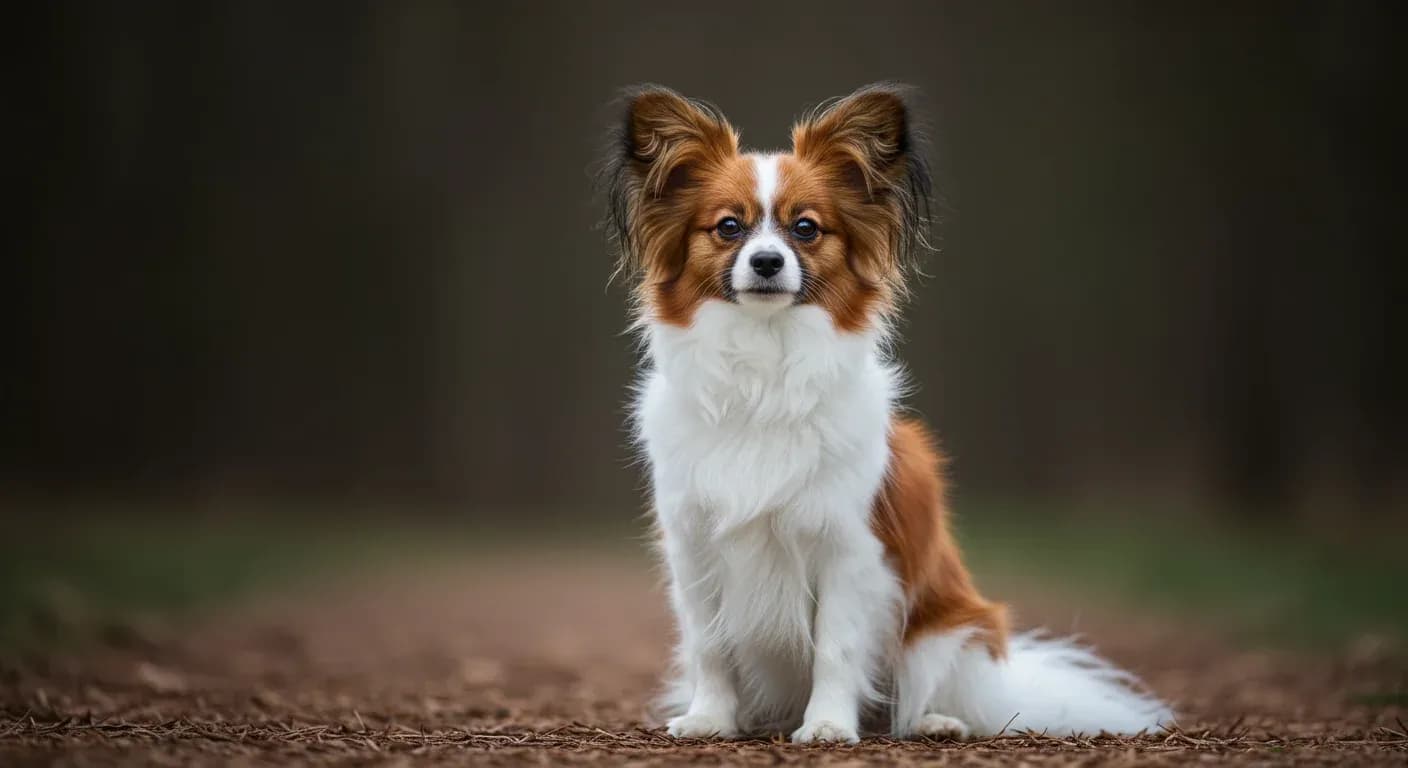 A Papillon dog with distinctive butterfly ears and long silky coat positioned centrally in the frame, showcasing the breed's elegant coat that is the focus of the shedding management article