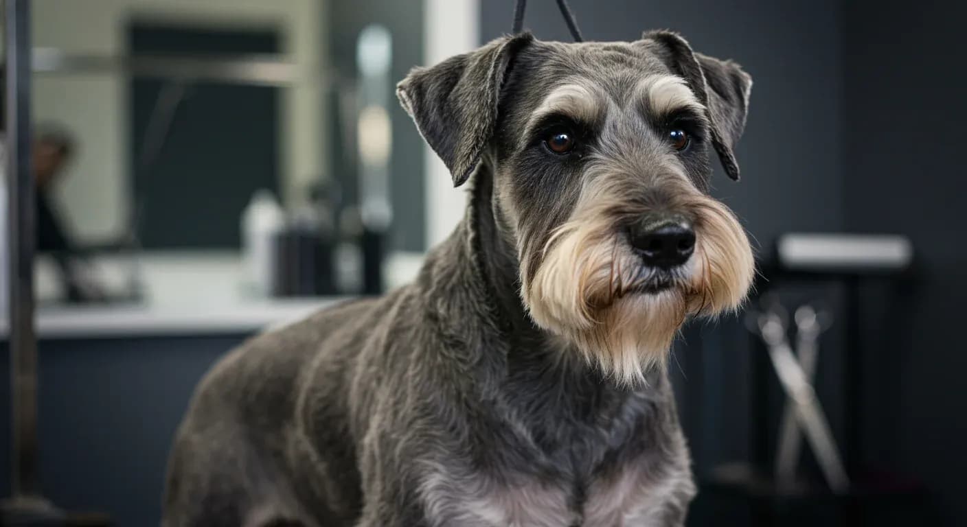 Professional portrait of a Giant Schnauzer showcasing the breed's distinctive wiry coat and facial features in a grooming salon, demonstrating the subject of the grooming guide