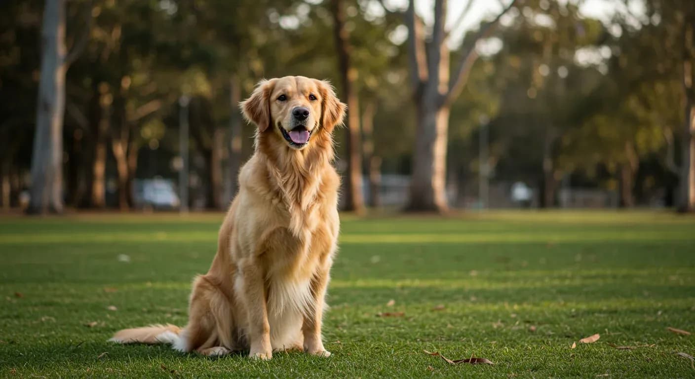 A beautiful Golden Retriever sitting peacefully in a park, representing the breed's gentle nature and the potential for maintaining an active, comfortable life with proper arthritis prevention and care