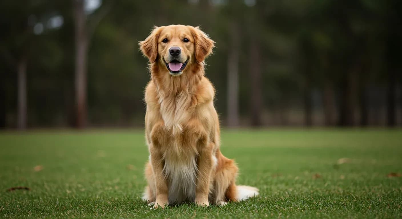Golden Retriever sitting on grass in centered portrait composition, representing the breed discussed in the obesity prevention article
