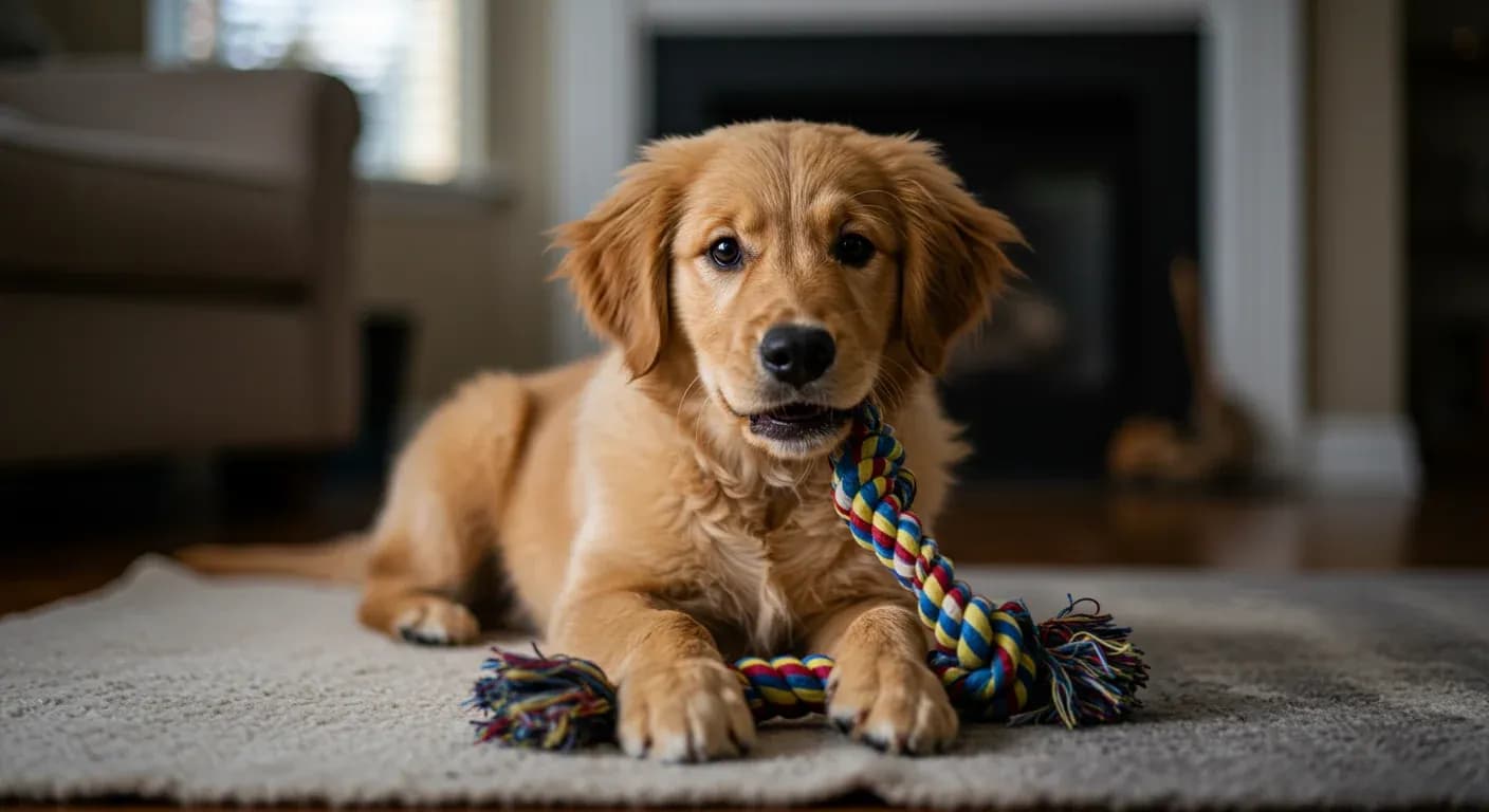 Young Golden Retriever puppy sitting centered while gently playing with a rope toy, illustrating normal puppy biting behavior during the teething phase