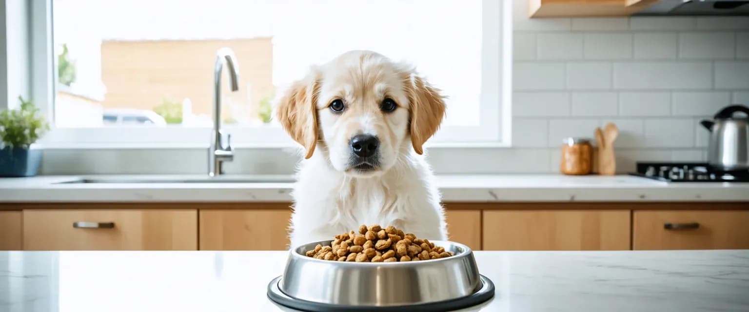 Golden Retriever puppy sitting next to food bowl with kibble, illustrating proper feeding for growing large-breed puppies