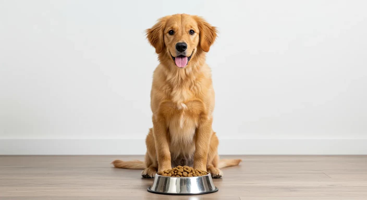 Golden Retriever puppy sitting next to food bowl, illustrating proper feeding practices for the breed