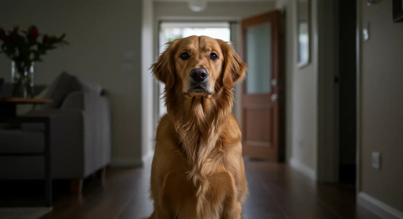 Golden Retriever with a worried expression sitting centered in a home interior, illustrating separation anxiety concerns in this beloved breed