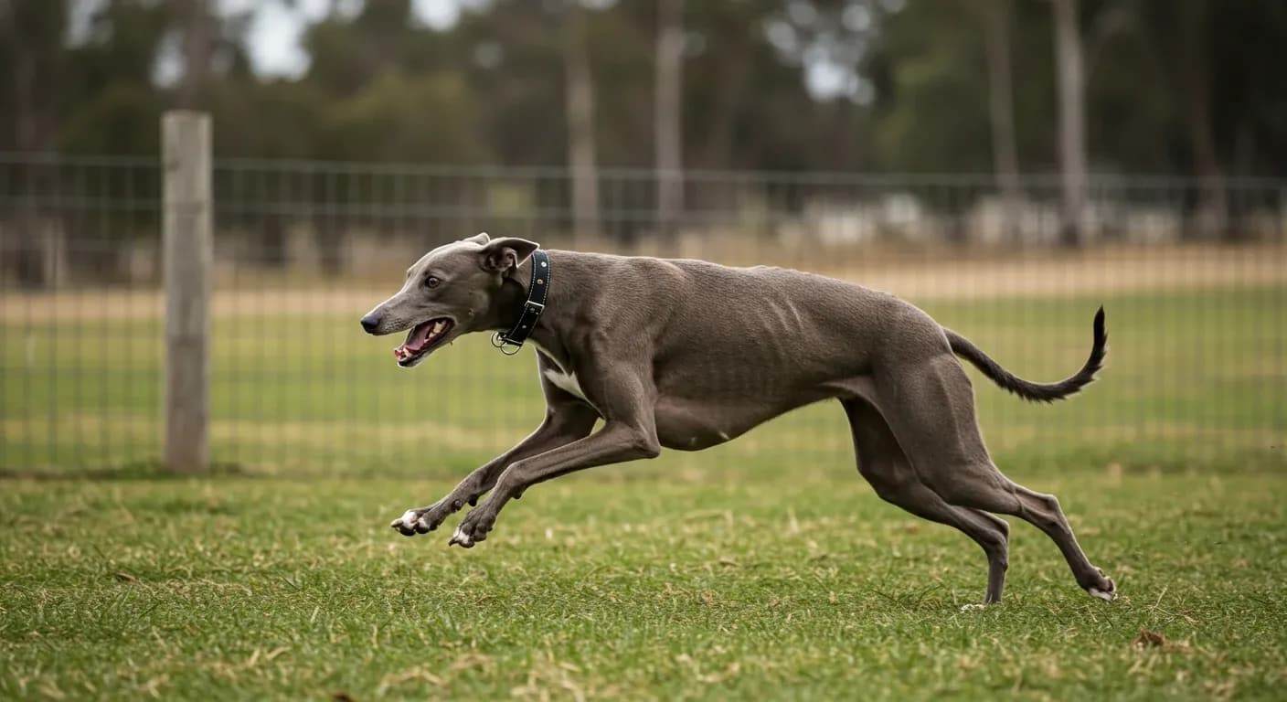 A grey Greyhound running at full speed in the center of a fenced dog park, demonstrating the breed's natural sprinting ability and athletic build that the article discusses