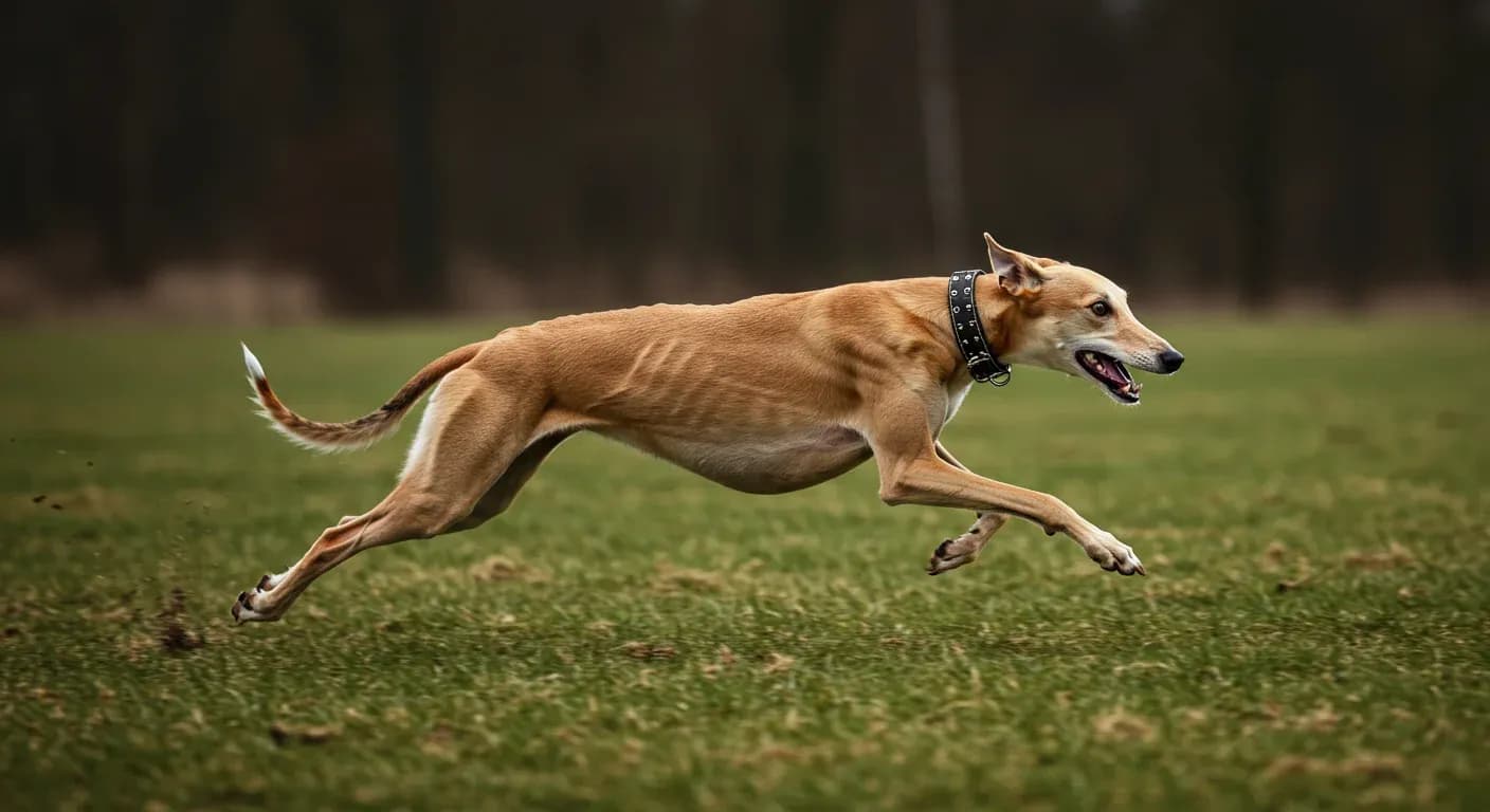 A Greyhound running at full speed across a grassy field, demonstrating the breed's natural sprinting ability and athletic build that the article discusses