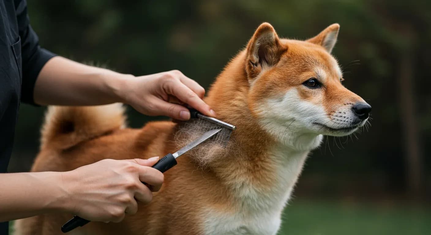 A red Shiba Inu being groomed with an undercoat rake, showing the thick double coat and loose fur being removed during the brushing process