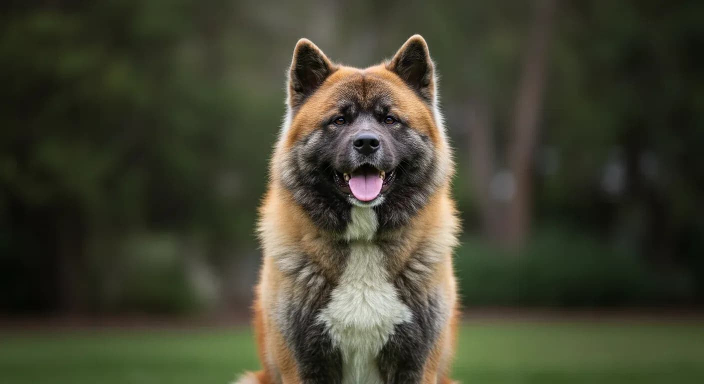 A majestic red Akita with thick double coat sitting in an Australian garden setting, showcasing the breed's distinctive coat that requires specialized grooming care