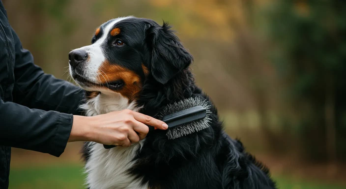 A Bernese Mountain Dog being groomed with a brush, showcasing the breed's thick double coat and the grooming process central to the article