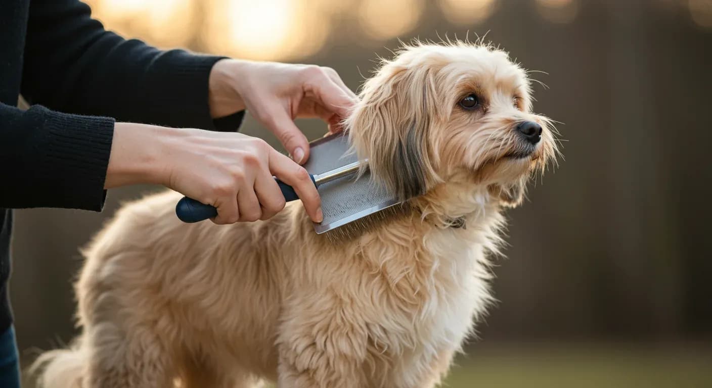 A Havanese dog with flowing silky coat being brushed during a grooming session, demonstrating the daily care routine essential for this breed