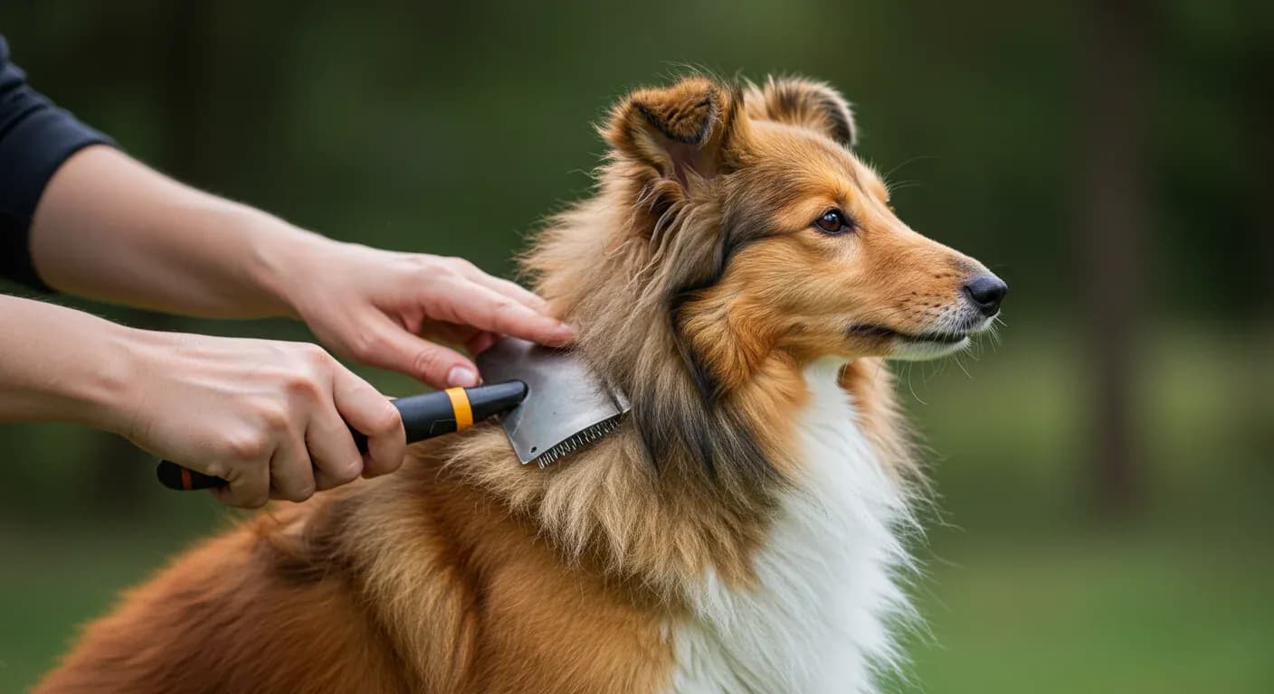 A Shetland Sheepdog being brushed with a slicker brush, demonstrating proper grooming technique for the breed's dense double coat