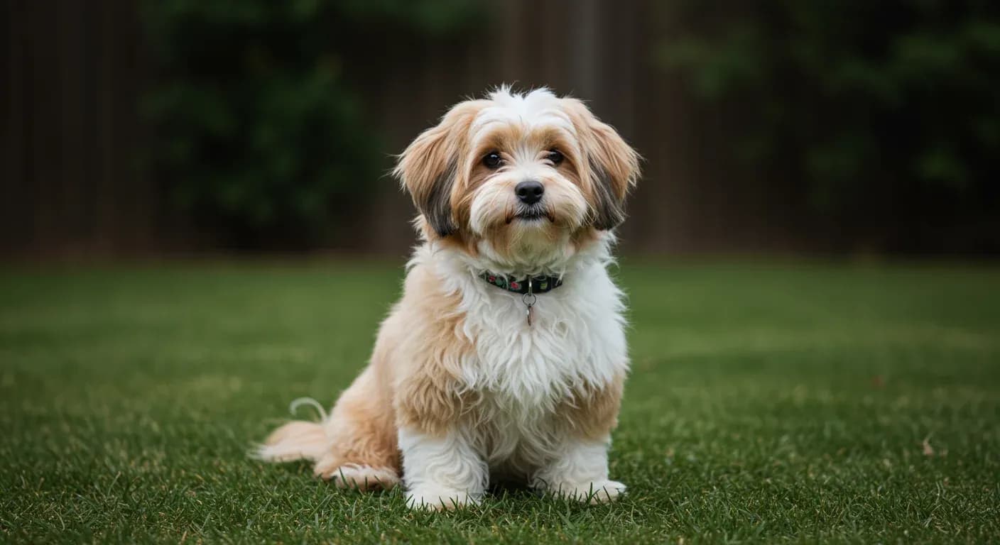 A beautiful Havanese dog with flowing white and cream coat sitting centered in an Australian garden, representing the breed's health and vitality discussed in the article about common health issues