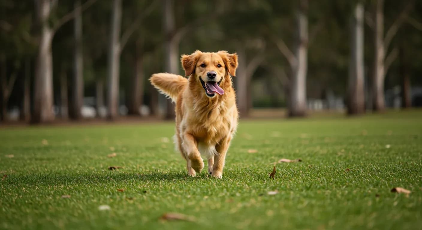 A Golden Retriever running joyfully across a park, demonstrating the active exercise needs discussed in the article about proper daily exercise requirements for this energetic breed.