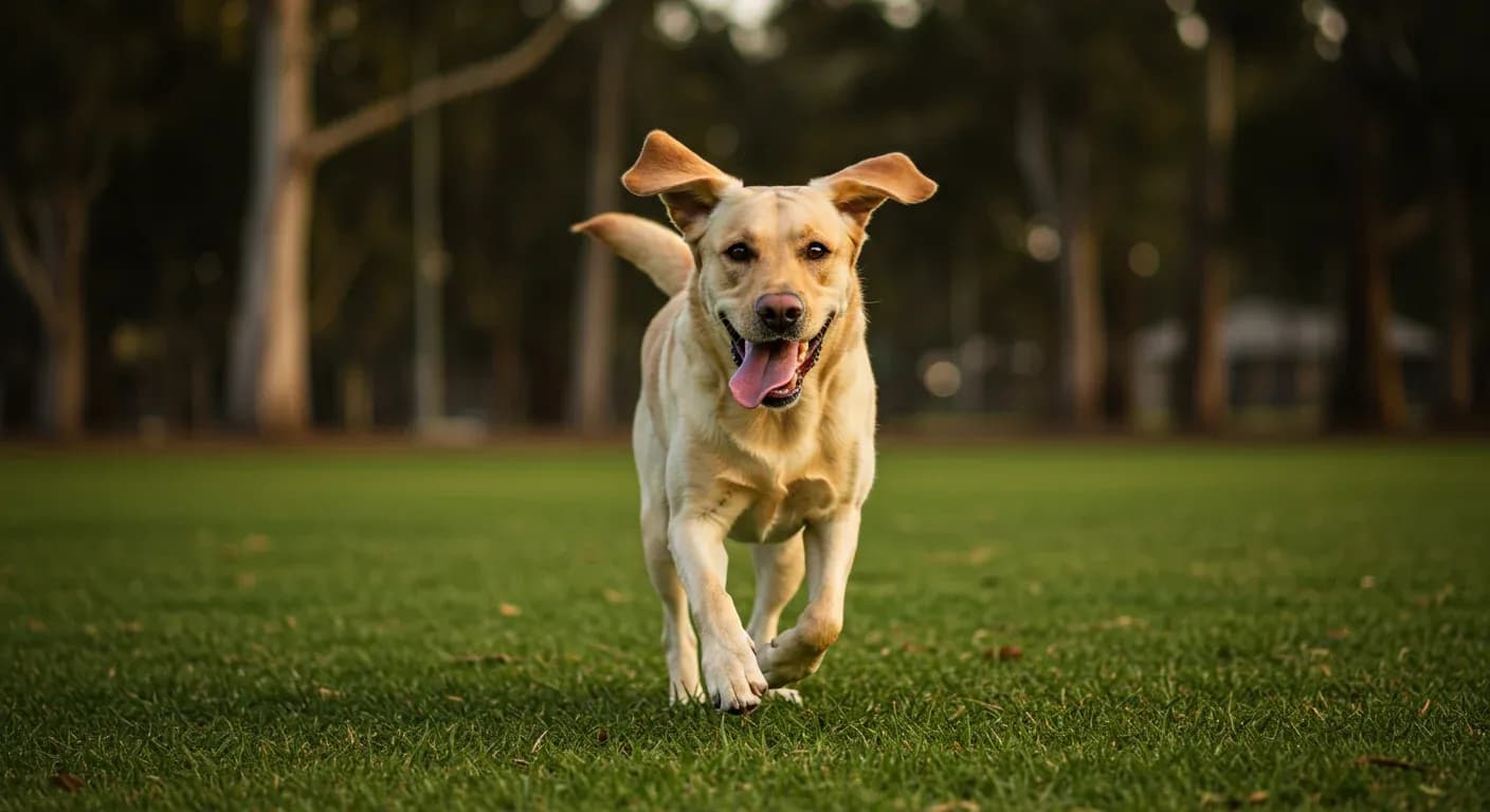 A yellow Labrador retriever running energetically across a park, demonstrating the high exercise needs discussed in the article