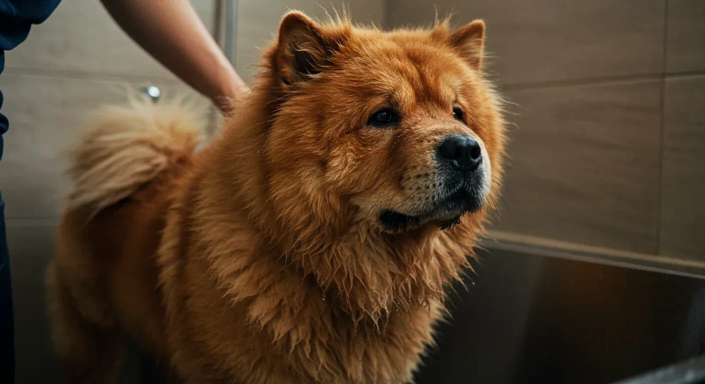 A Chow Chow being bathed, showing its thick double coat that requires special care and infrequent bathing every 4-6 weeks