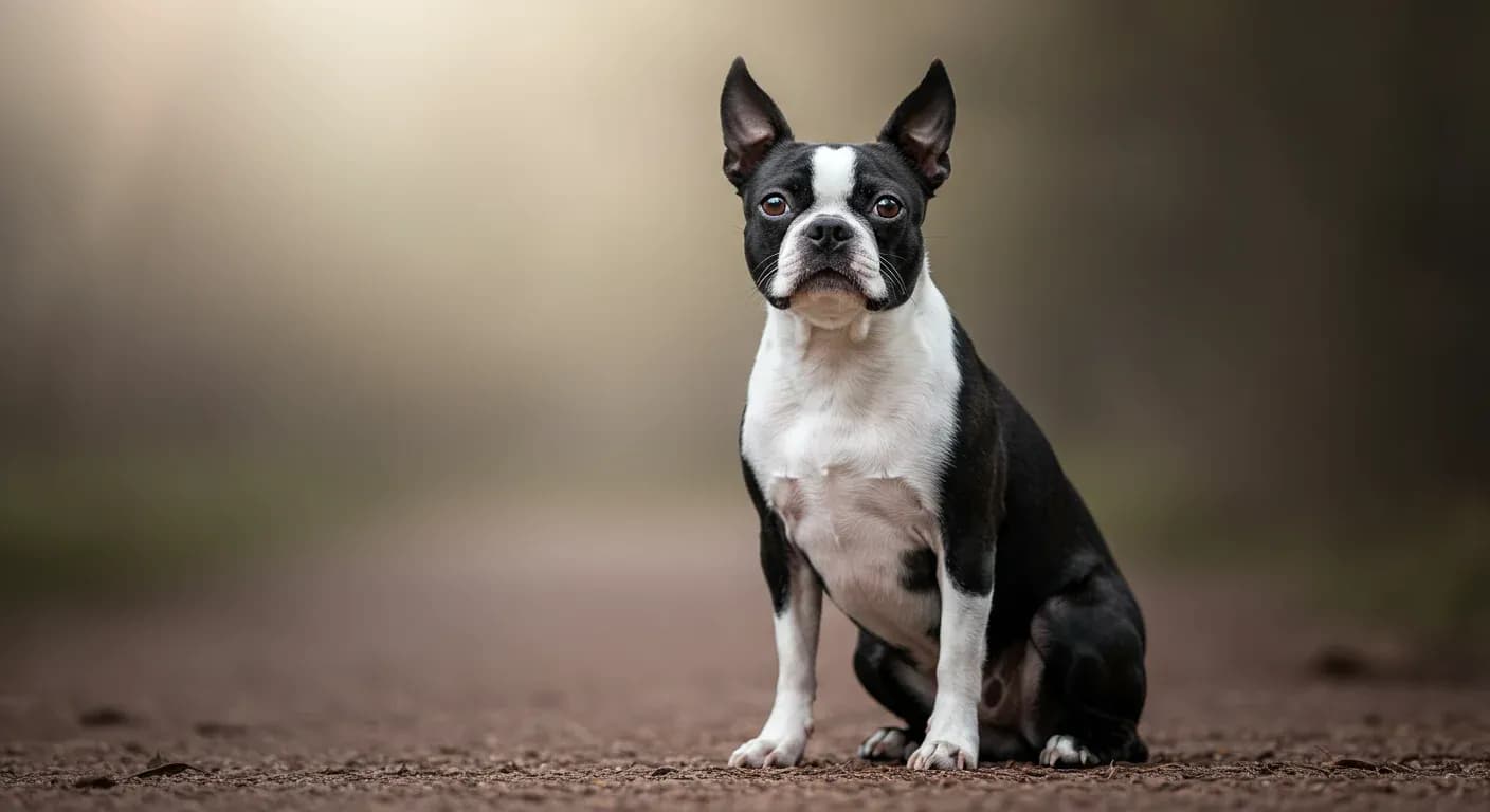 A Boston Terrier sitting calmly with a gentle expression, representing the breed's naturally friendly nature that can be maintained through proper training and socialization