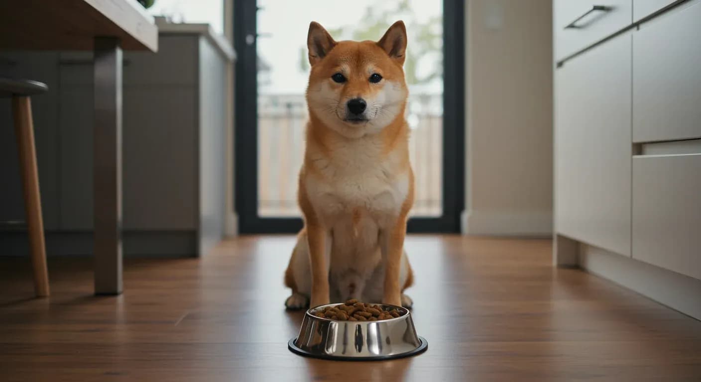 A red Shiba Inu sitting behind a food bowl in a modern kitchen, illustrating the article's focus on choosing the best dog food for this breed